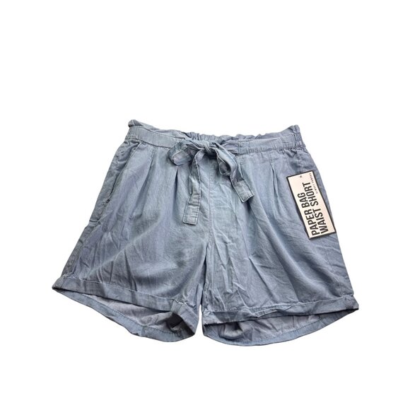 Almost Famous Paper Bag Elastic Waist Tie Shorts 1X Cotton Chambray Blue New - Picture 1 of 6